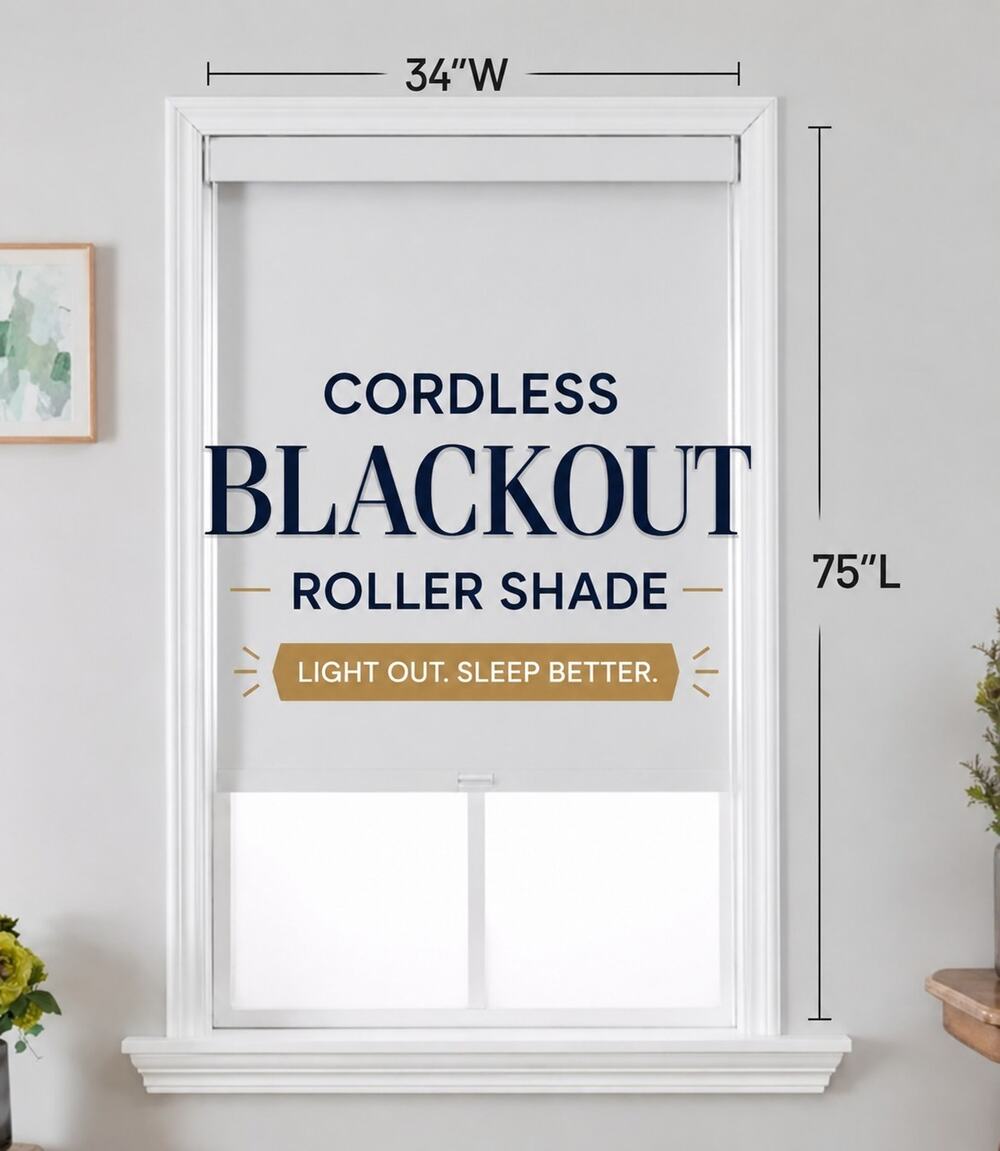 34 x 75" White Cordless Blackout Roller Shades, Thermal Insulated Window Blinds